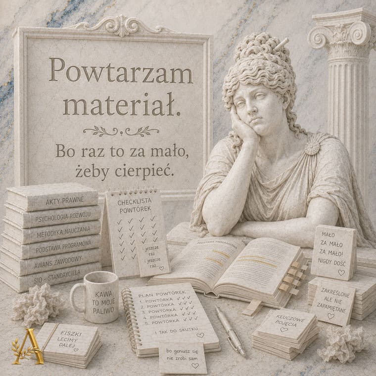 Nauczycielka nad checklistą powtórek i stosem aktów prawnych, przygotowując się do egzaminu na mianowanego