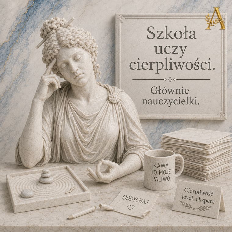 Nauczycielka wsparta na dłoni przy biurku, obok napis o cierpliwości w pracy nauczyciela