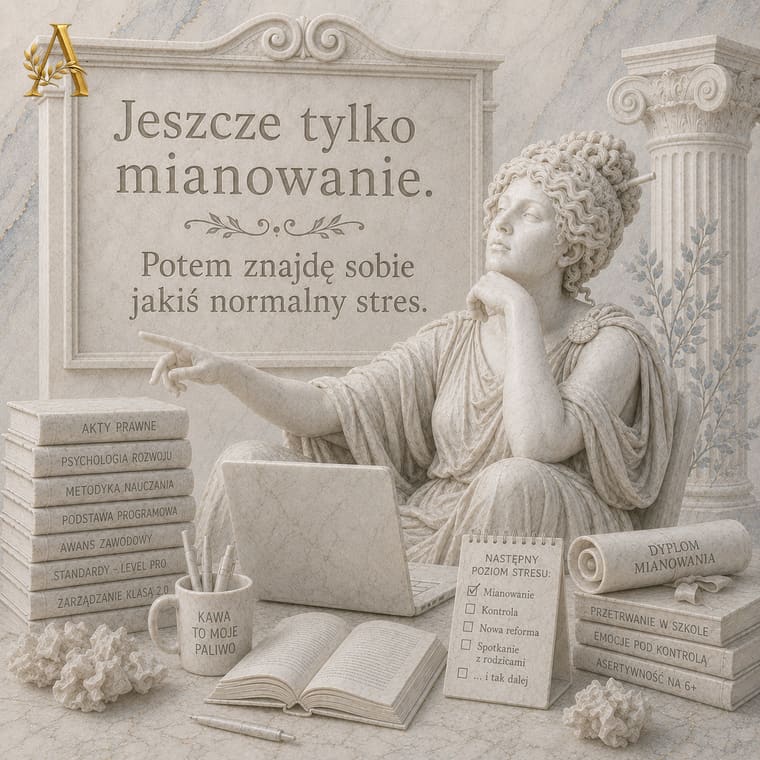 Nauczycielka przy laptopie czeka na decyzję w sprawie nadania stopnia nauczyciela mianowanego