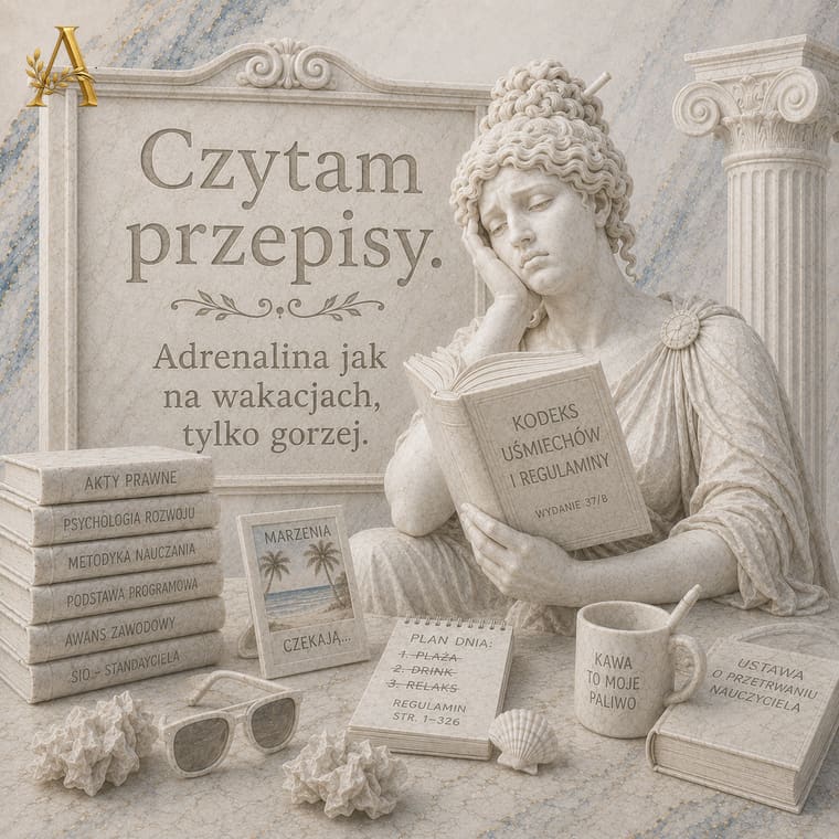 Nauczycielka czyta rozdział o rekrutacji w Prawie oświatowym