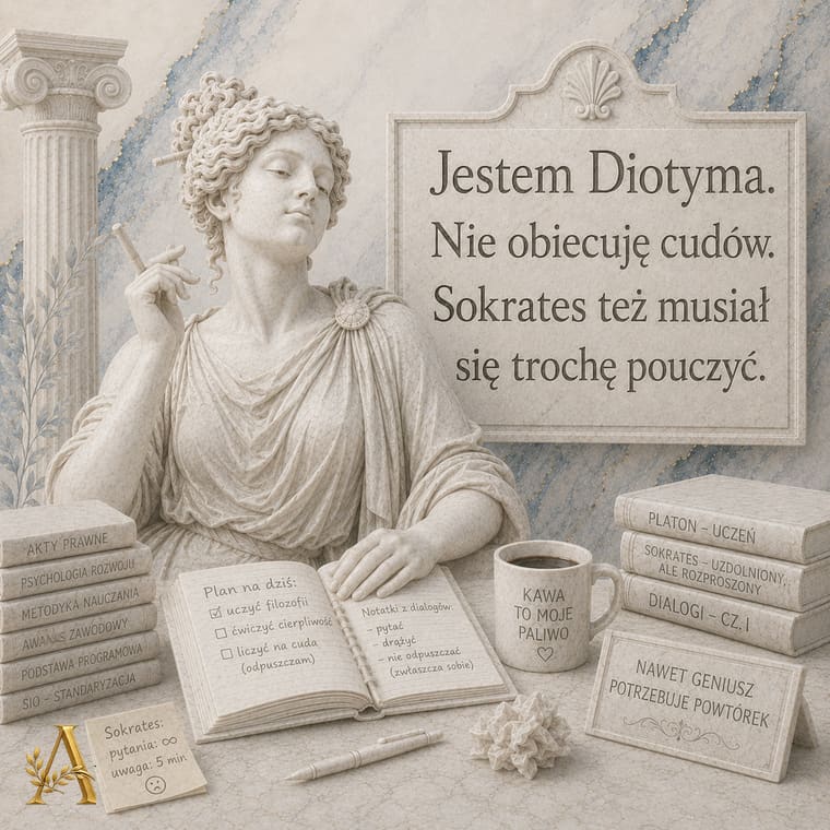 Diotyma z tablicą: Nie obiecuję cudów, Sokrates też musiał się trochę pouczyć