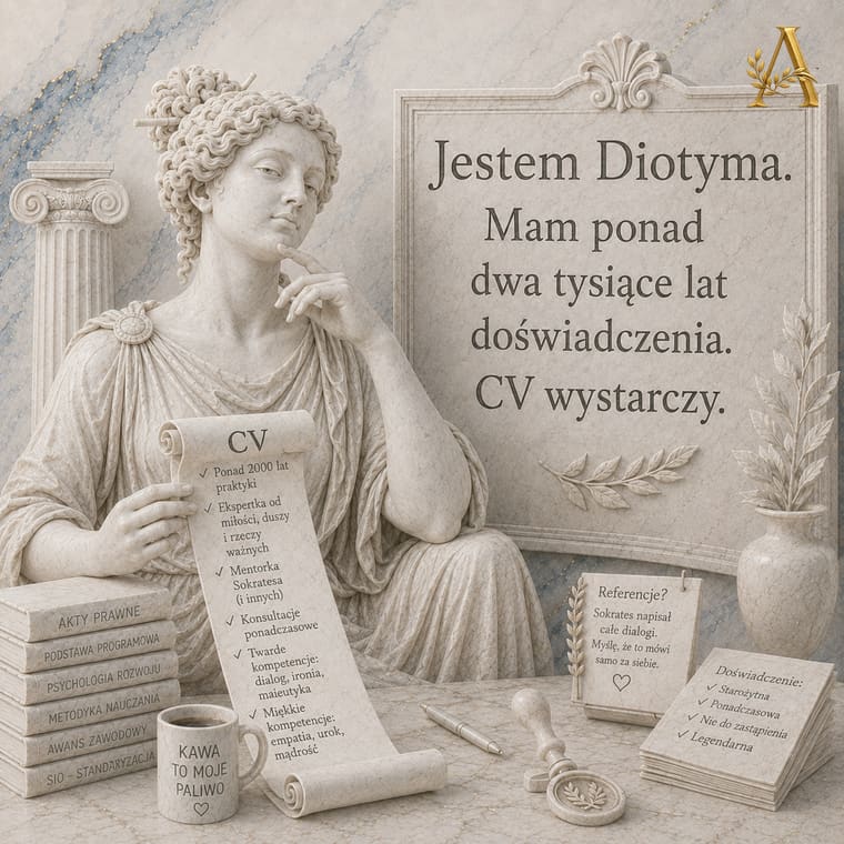 Diotyma z tablicą: Mam ponad dwa tysiące lat doświadczenia, CV wystarczy, obok zwój z życiorysem