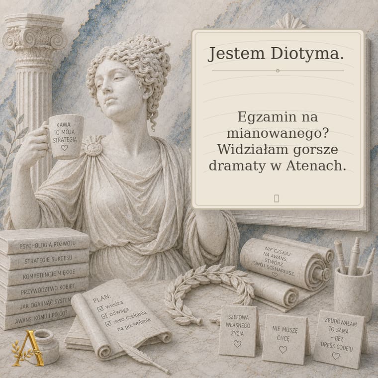 Diotyma z kubkiem kawy i tablicą: Egzamin na mianowanego? Widziałam gorsze dramaty w Atenach