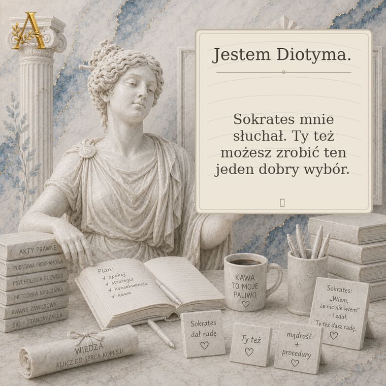 Diotyma z tablicą: Sokrates mnie słuchał, Ty też możesz zrobić ten jeden dobry wybór