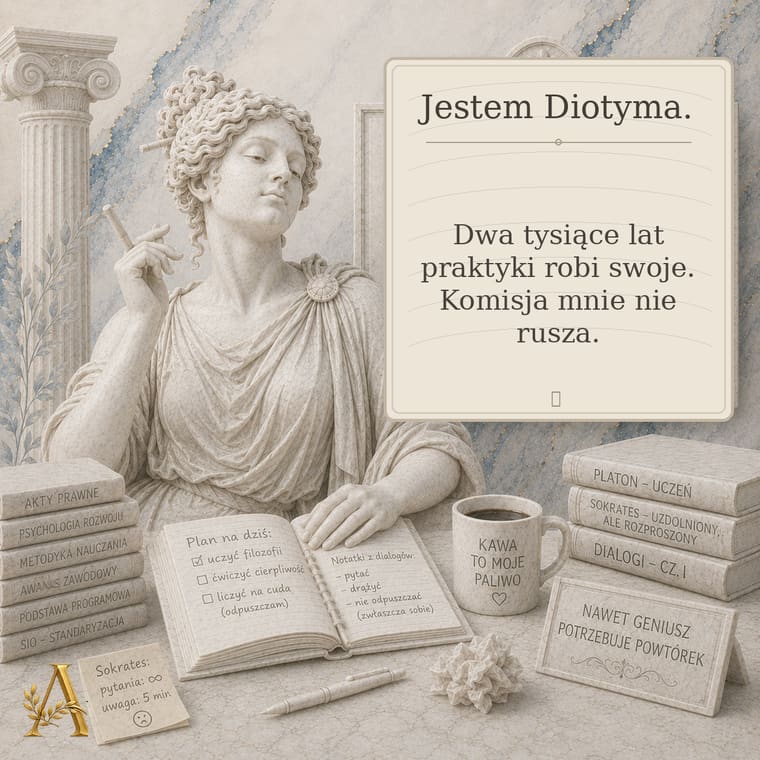 Diotyma z tablicą: Dwa tysiące lat praktyki robi swoje, komisja mnie nie rusza
