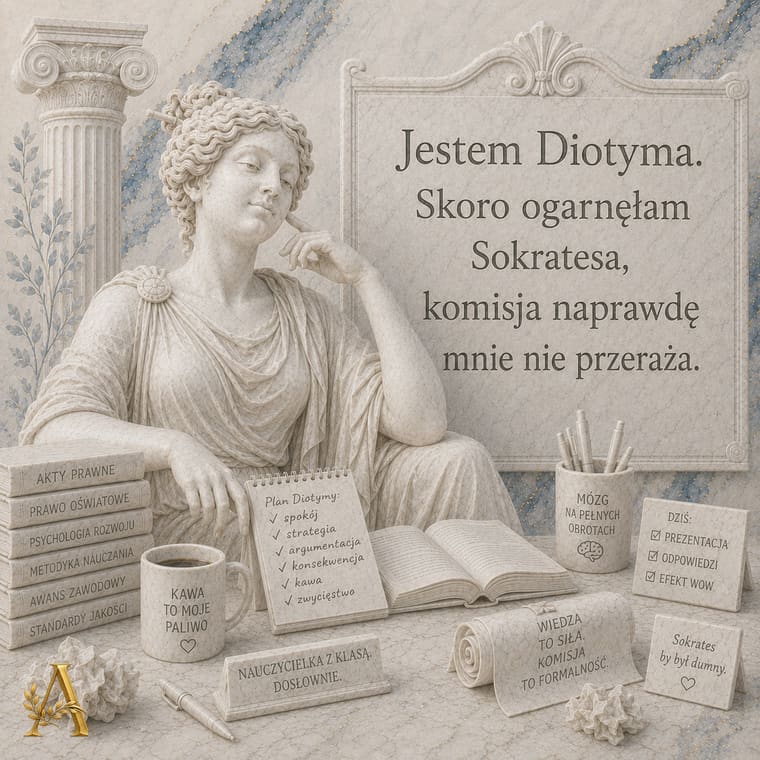 Diotyma z tablicą: Skoro ogarnęłam Sokratesa, komisja naprawdę mnie nie przeraża