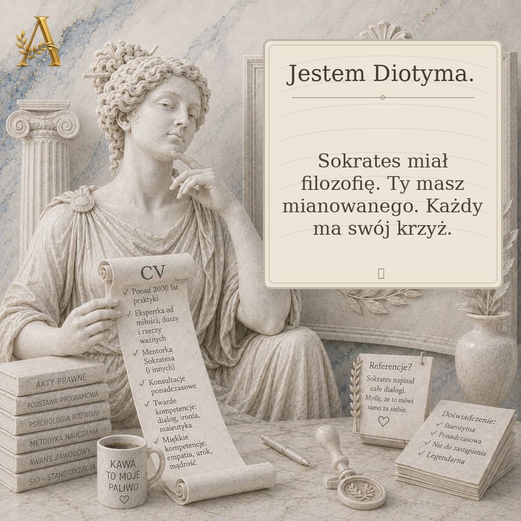 Diotyma ze zwojem CV i tablicą: Sokrates miał filozofię, Ty masz mianowanego, każdy ma swój krzyż