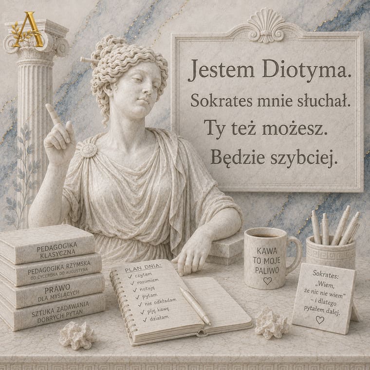 Diotyma z tablicą: Sokrates mnie słuchał, Ty też możesz, będzie szybciej, obok księgi z pedagogiki