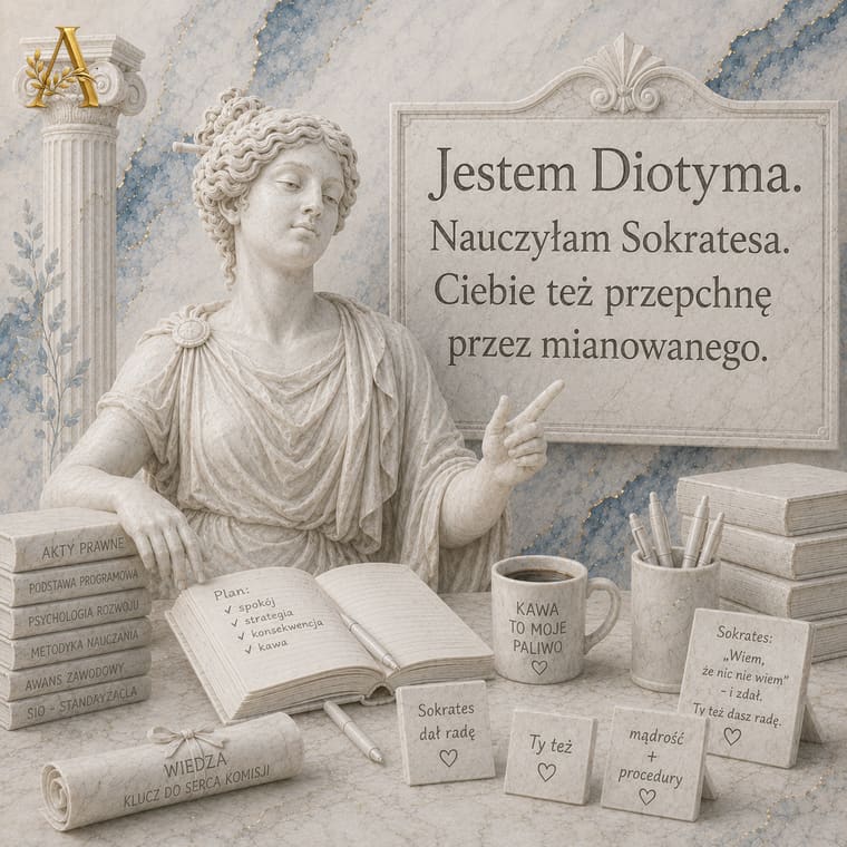 Marmurowa rzeźba Diotymy z tablicą: Jestem Diotyma, nauczyłam Sokratesa, Ciebie też przepchnę przez mianowanego