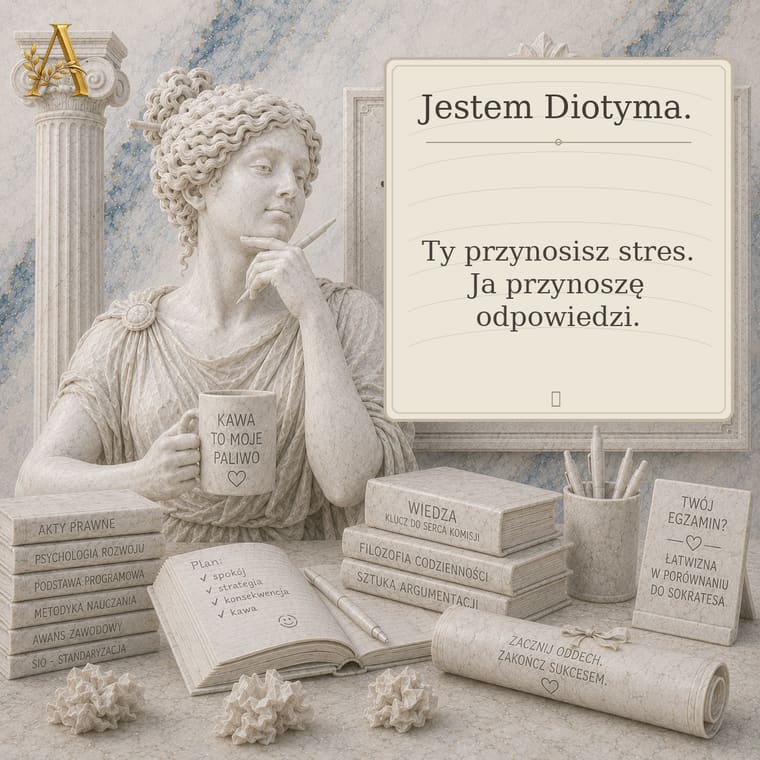 Diotyma z kubkiem kawy i tablicą: Ty przynosisz stres, ja przynoszę odpowiedzi