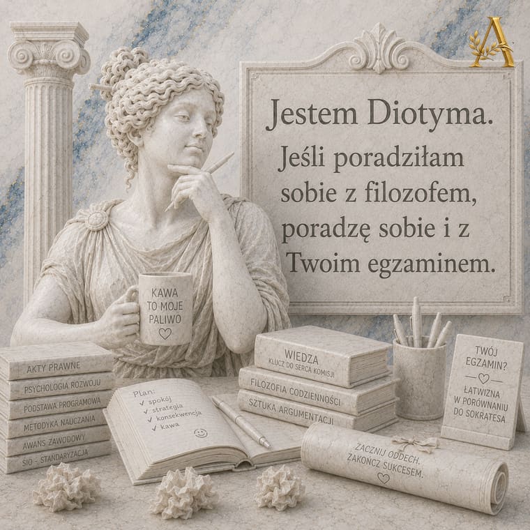 Diotyma z tablicą: Jeśli poradziłam sobie z filozofem, poradzę sobie i z Twoim egzaminem