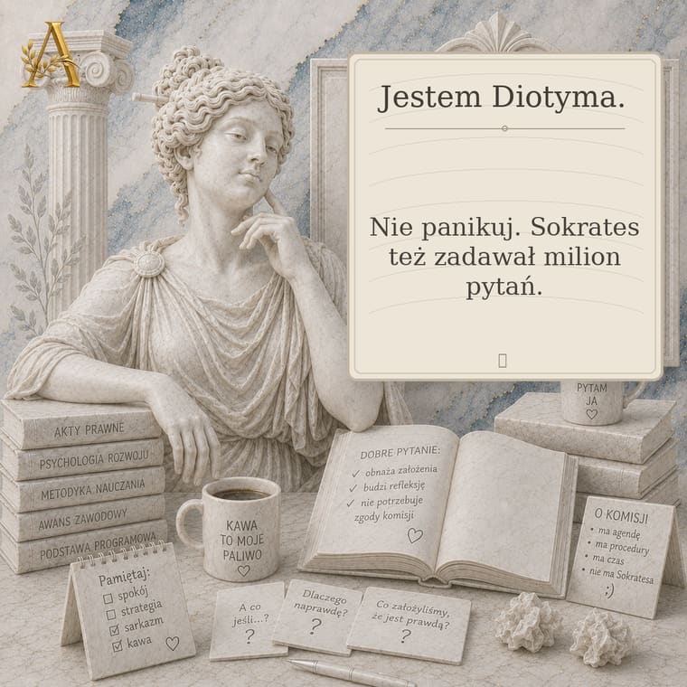 Diotyma z tablicą: Nie panikuj, Sokrates też zadawał milion pytań