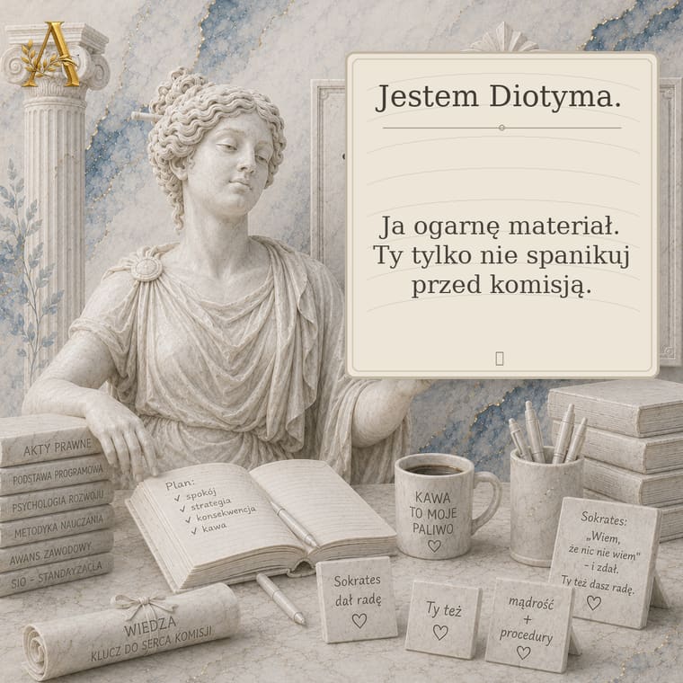 Diotyma z tablicą: Ja ogarnę materiał, Ty tylko nie spanikuj przed komisją