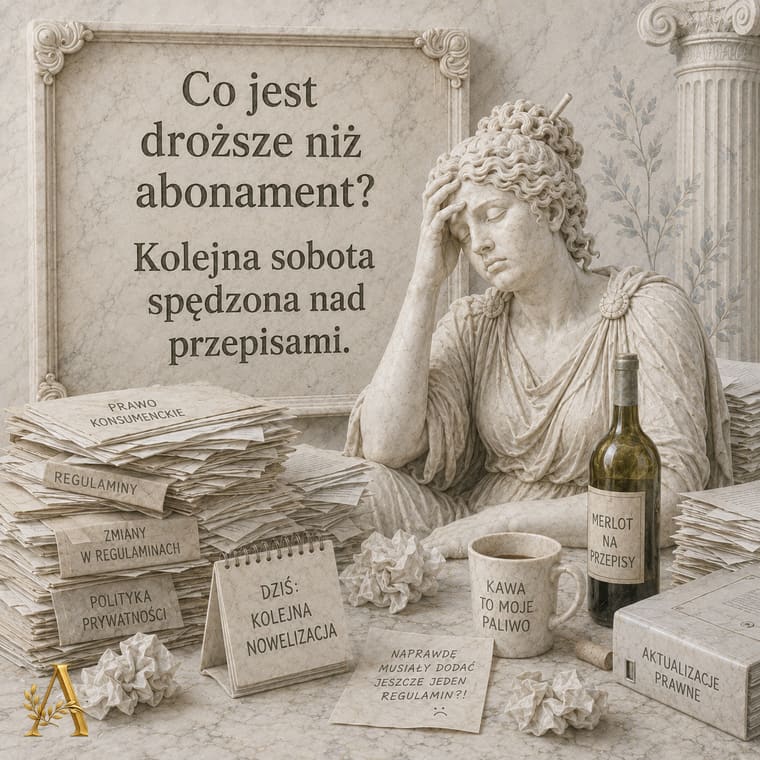 Nauczycielka nad stosem kolejnych nowelizacji przepisów oświatowych, obok pudło z napisem Aktualizacje prawne