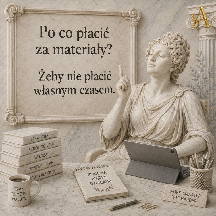 Nauczycielka przy tablecie z notatnikiem Plan na mądre działanie i książkami Skrót do celu, System i plan