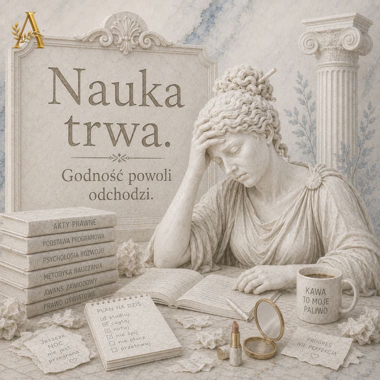Nauczycielka nad stosem podręczników i notatek po wielu godzinach nauki do awansu zawodowego