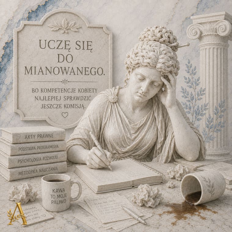 Nauczycielka pisze notatki nad stosem aktów prawnych i podręczników metodyki, obok przewrócony kubek kawy