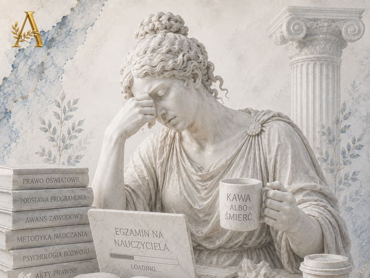 Nauczycielka nad laptopem z napisem „Egzamin na nauczyciela: loading”, obok stos ksiąg: Prawo oświatowe, Podstawa programowa, Awans zawodowy, Metodyka nauczania