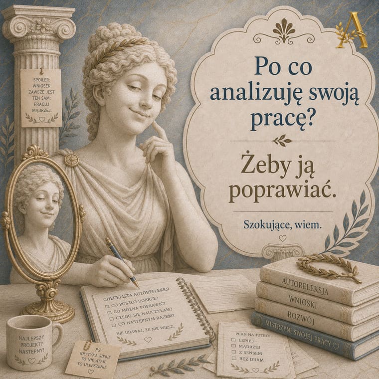 Fiszka obrazkowa: Po co analizuję swoją pracę? Odpowiedź: Żeby ją poprawiać.