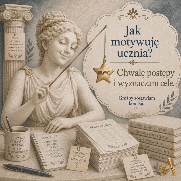Fiszka obrazkowa: Jak motywuję ucznia? Odpowiedź: Chwalę postępy i wyznaczam cele.
