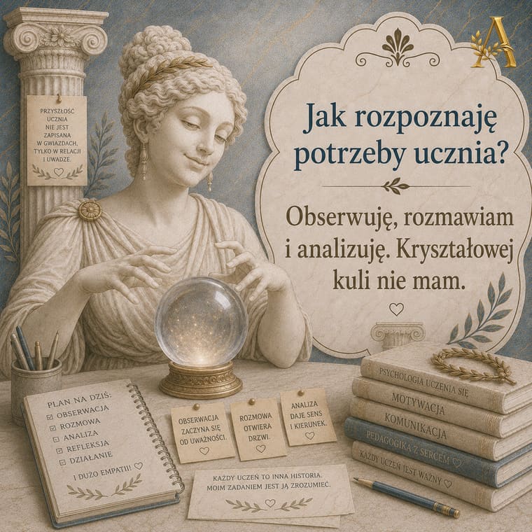 Fiszka obrazkowa: Jak rozpoznaję potrzeby ucznia? Odpowiedź: Obserwuję, rozmawiam i analizuję.