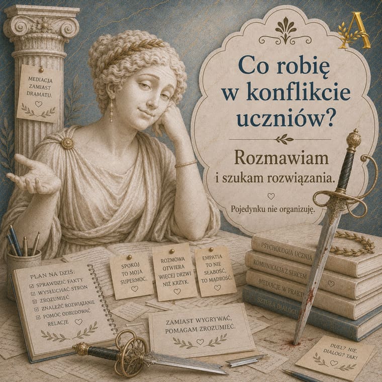 Fiszka obrazkowa: Co robię w konflikcie uczniów? Odpowiedź: Rozmawiam i szukam rozwiązania.