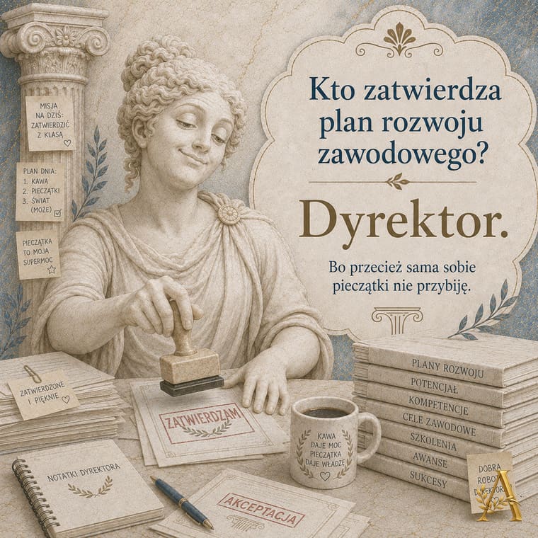 Fiszka obrazkowa: Kto zatwierdza plan rozwoju zawodowego? Odpowiedź: Dyrektor.