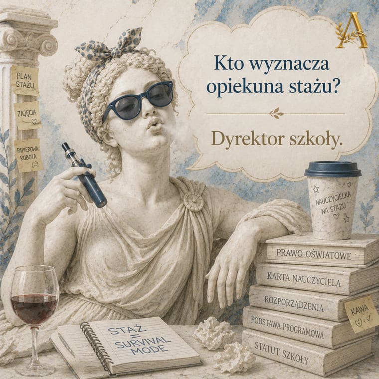 Fiszka obrazkowa: Kto wyznacza opiekuna stażu? Odpowiedź: Dyrektor szkoły.