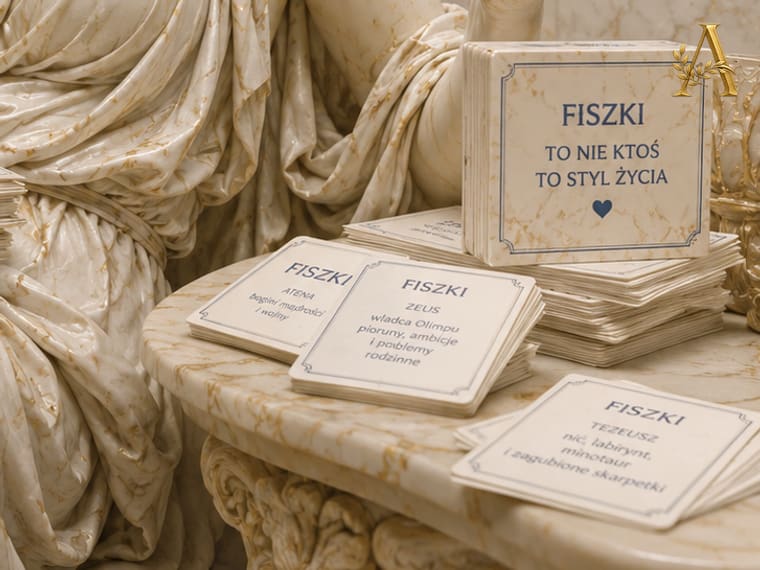 Fiszki do nauki pytań egzaminacyjnych rozłożone na marmurowym stoliku, na wierzchniej napis „Fiszki to nie ktoś, to styl życia”