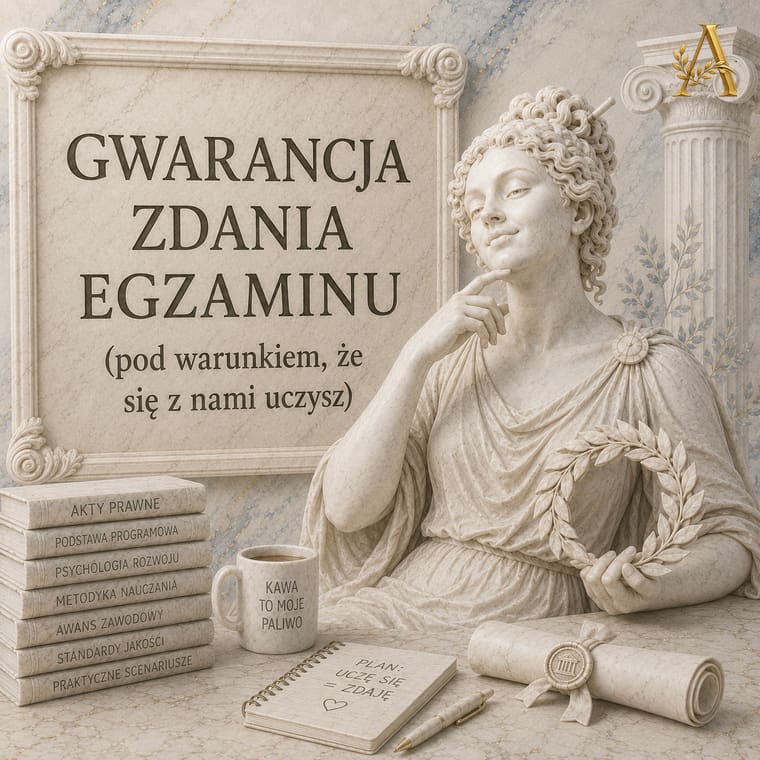 Marmurowa tablica z napisem Gwarancja zdania egzaminu i dopiskiem pod warunkiem, że się z nami uczysz