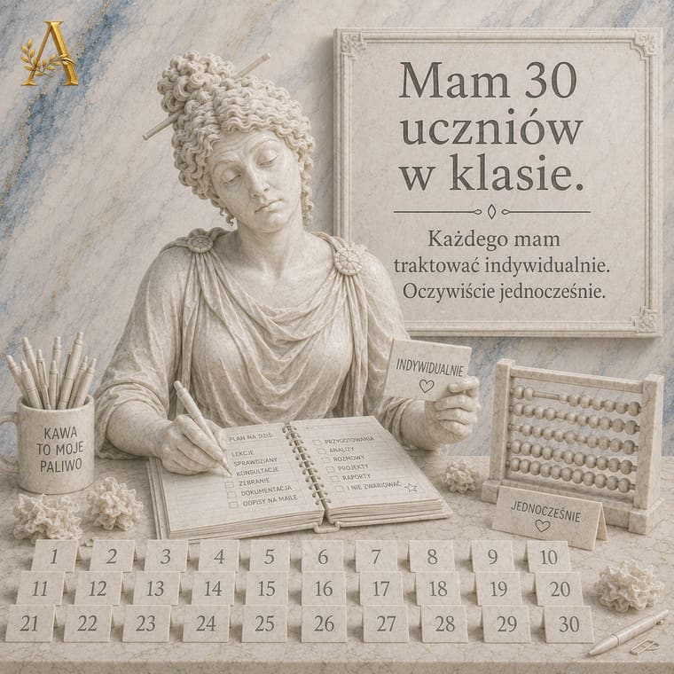 Nauczycielka pracuje indywidualnie z uczniem podczas zajęć w licznej klasie