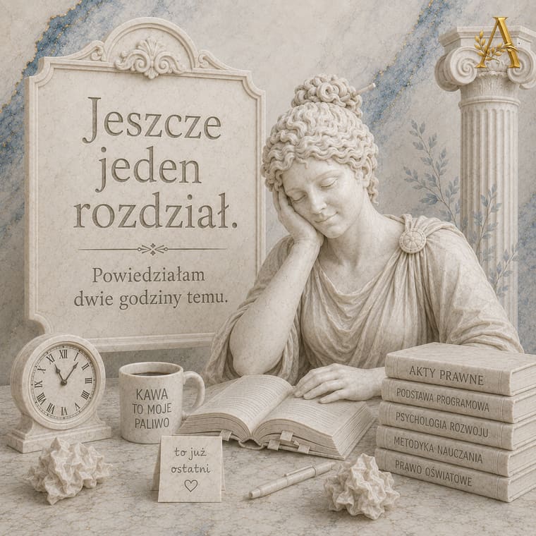 Nauczycielka nad otwartą księgą przy zegarze, obok notatka z napisem to już ostatni rozdział
