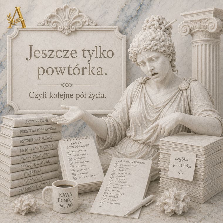 Nauczycielka nad kartami powtórkowymi i planem powtórek do egzaminu nauczycielskiego