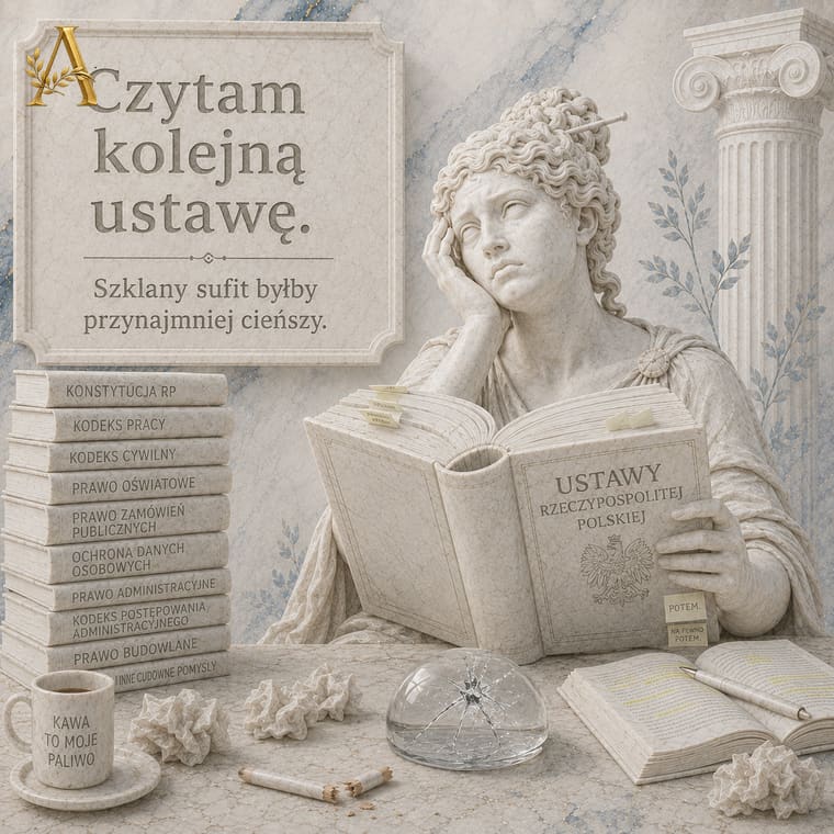 Nauczycielka czyta ustawy nad stosem kodeksów, w tle Konstytucja i prawo oświatowe