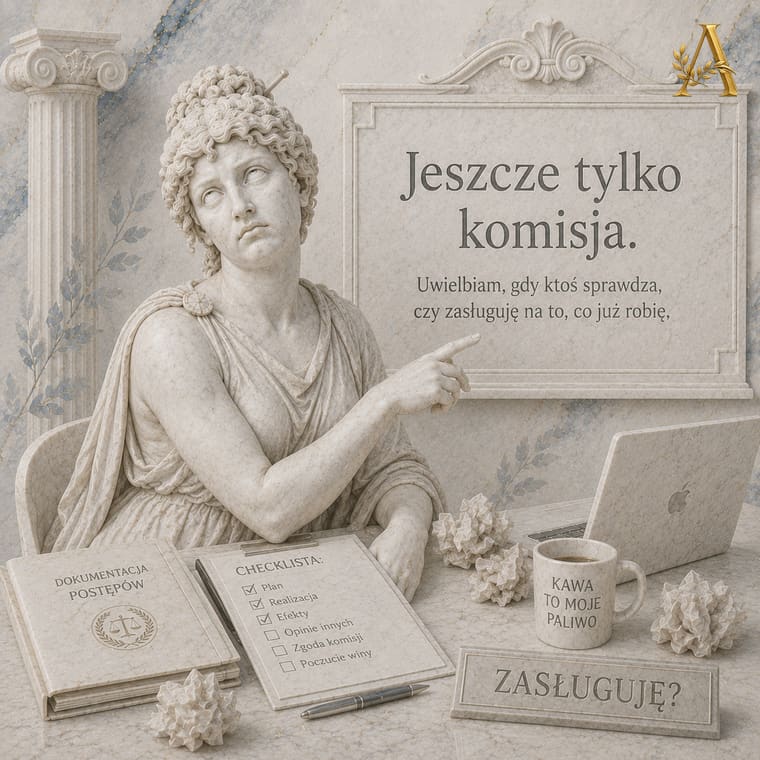 Nauczycielka wskazuje tablicę z napisem jeszcze tylko komisja, obok checklista dokumentacji postępów