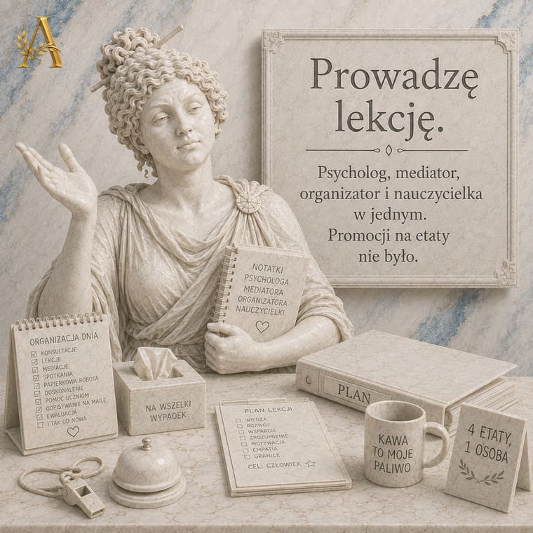 Nauczycielka w pokoju nauczycielskim rozmawia z koleżankami o przygotowaniach do egzaminu