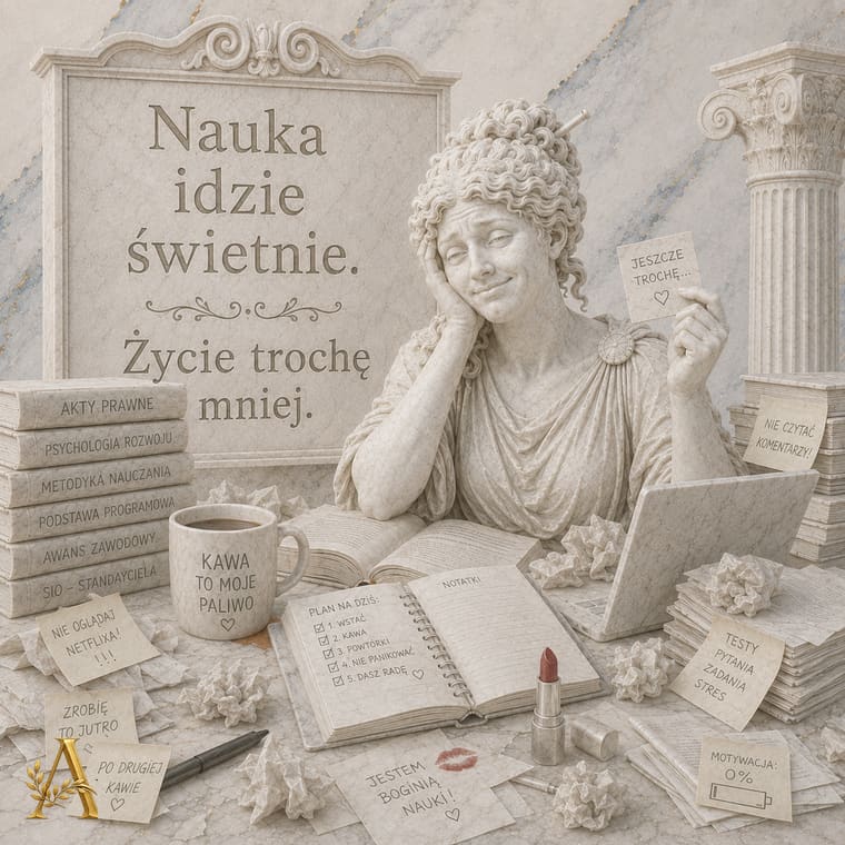 Zmęczona nauczycielka nad materiałami do nauki, obok notatka z napisem motywacja zero procent