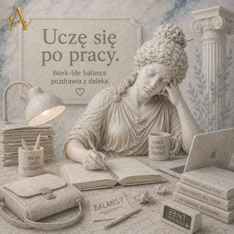 Nauczycielka uczy się przy lampce po pracy, obok notatka z pytaniem o balans i zegar wskazujący późną godzinę
