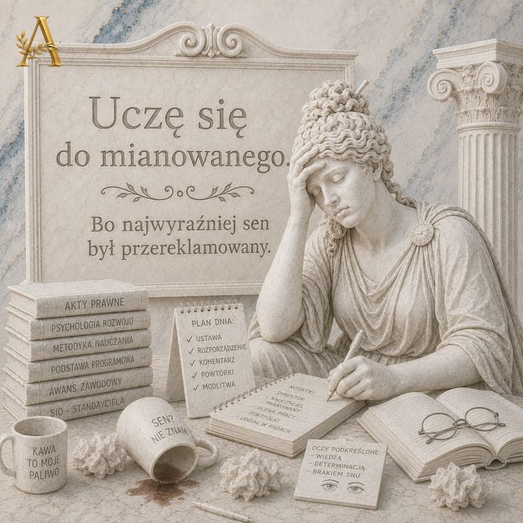 Nauczycielka uczy się nocą do egzaminu na mianowanego przy rozlanej kawie i planie dnia