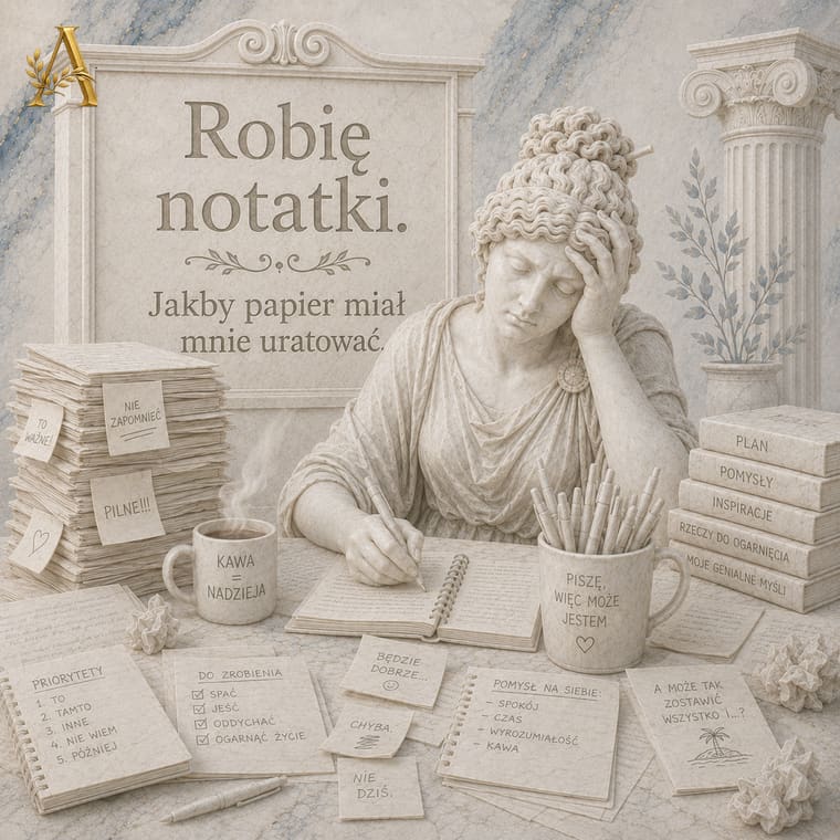 Nauczycielka obłożona karteczkami z notatkami przygotowuje się do rozmowy na stopień nauczyciela dyplomowanego