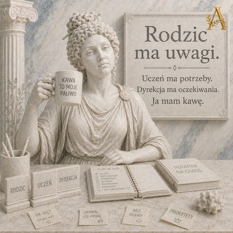 Nauczycielka rozmawia z grupą rodziców i uczniów w szkolnej sali