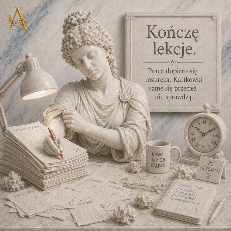 Nauczycielka sprawdza kartkówki przy lampce po lekcjach, obok zegar wskazujący późną godzinę