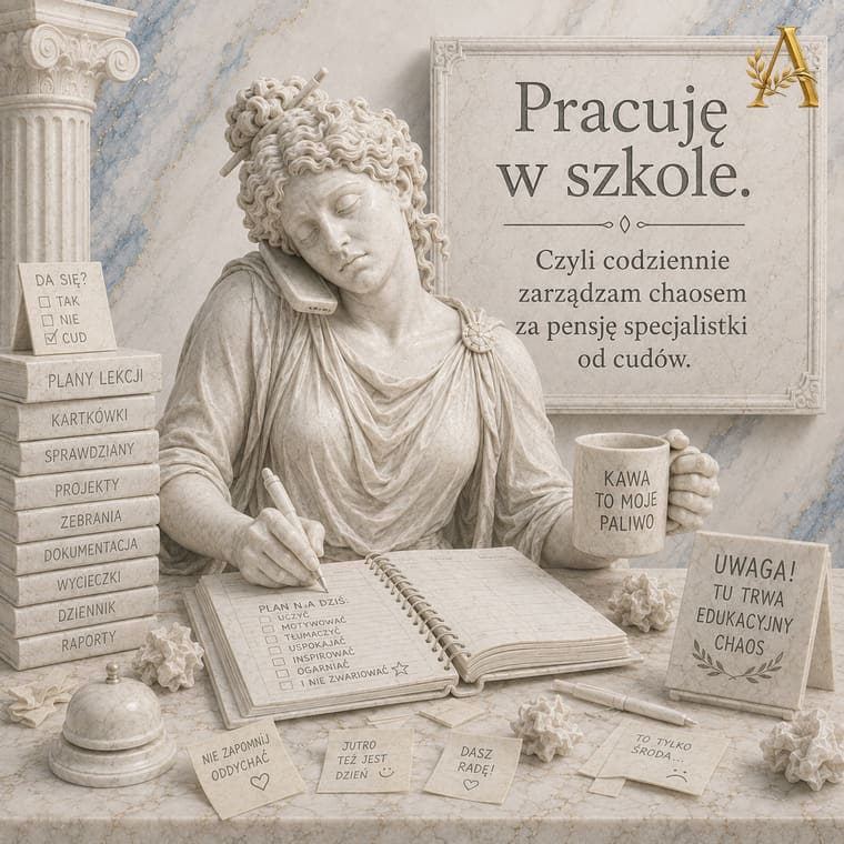 Nauczycielka nad stosem dokumentacji szkolnej, obok tabliczka o edukacyjnym chaosie