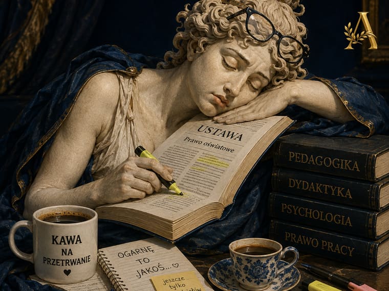Marmurowa postać z okularami na głowie zasnęła nad otwartą ustawą Prawo oświatowe, obok tomy pedagogiki, dydaktyki, psychologii i prawa pracy oraz kubek z napisem „Kawa na przetrwanie”