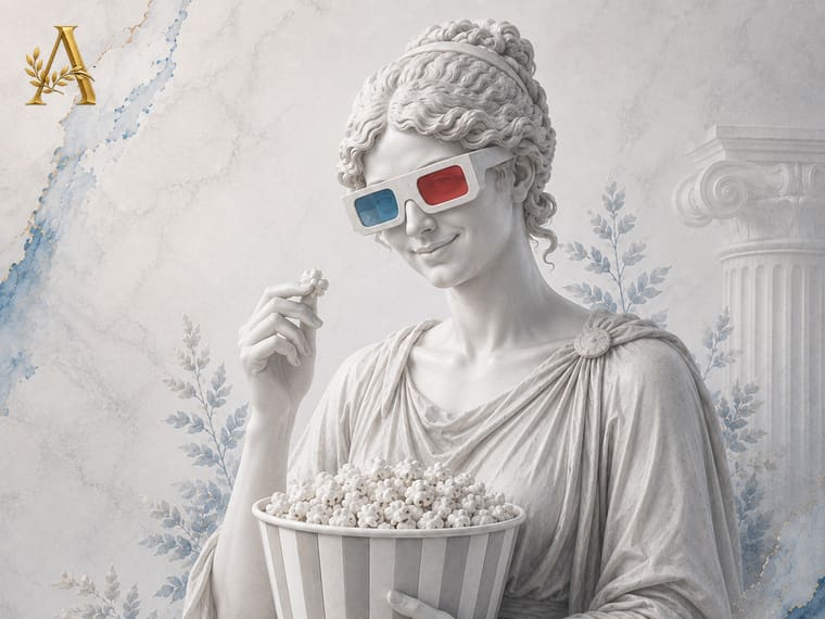 Nauczycielka w okularach 3D z popcornem zamiast przygotowywania prezentacji multimedialnej