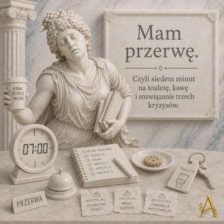 Nauczycielka z kubkiem kawy przy zegarze, obok lista trzech kryzysów do rozwiązania w czasie przerwy