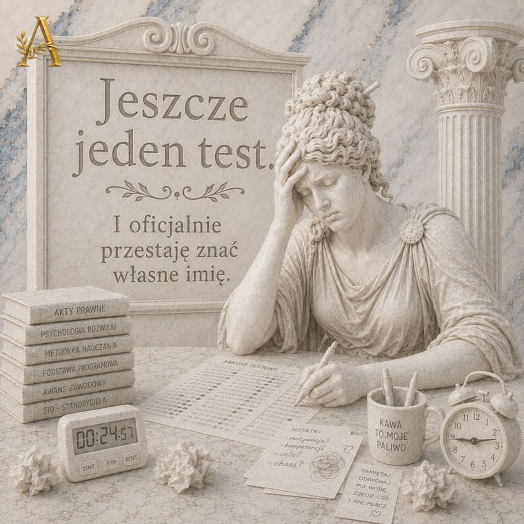 Nauczycielka nad arkuszem odpowiedzi przy stoperze, przy nauce do egzaminu na mianowanego