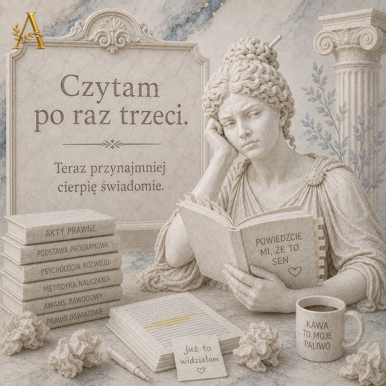 Nauczycielka czyta ten sam akt prawny po raz trzeci, obok notatka z prośbą o zapewnienie, że to sen