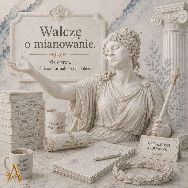 Nauczycielka ze stosem wniosków i zaświadczeń trzyma berło, obok tabliczka formalności królewskie