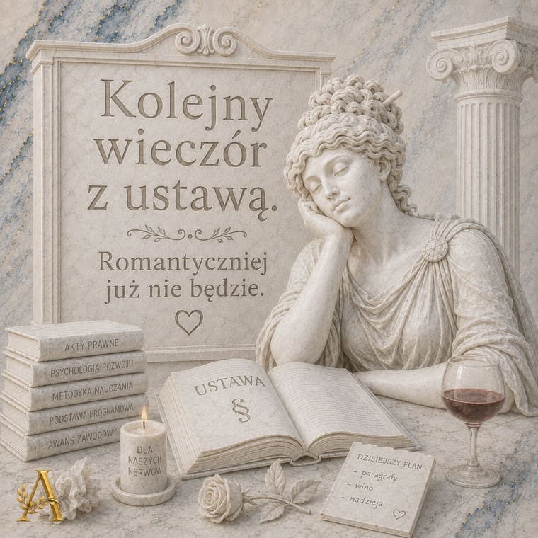 Nauczycielka czyta ustawę przy świecy i kieliszku wina, obok tabliczka z paragrafem